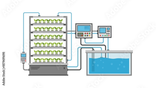 Illustration of a hydroponic system with plants growing in a controlled environment with tubes and monitors.