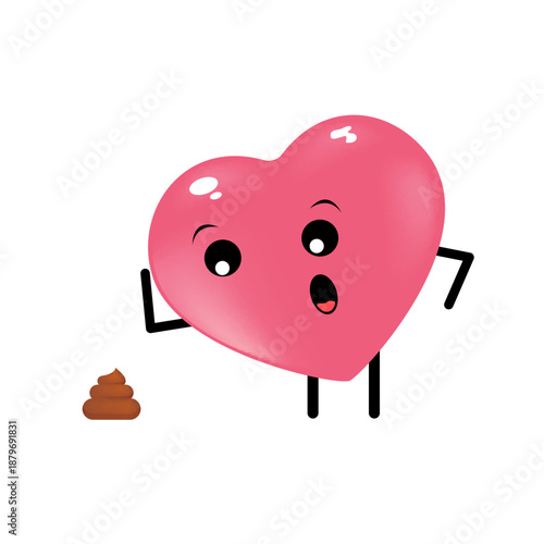 Vector cartoon heart character with poop. Valentines day hand drawn funny and cute heart emoji character isolated on white background. Conceptual valentines day comic funky kids sticker