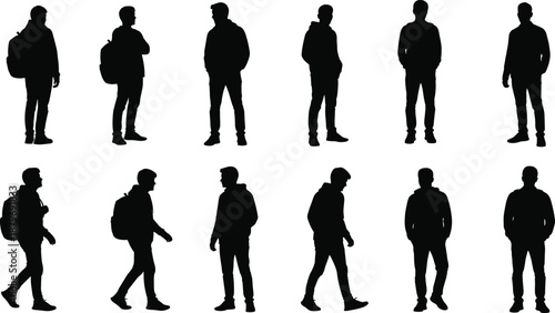 Standing and walking men silhouettes set, casual male poses collection, black shadow figures, urban lifestyle, isolated vector illustration pack
