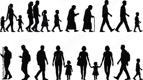 People silhouette collection illustrating human life cycle from childhood to old age, walking figures, family generations isolated on white background