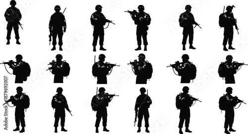 Military soldier silhouette collection featuring armed troops in combat stances, patrol positions and tactical poses isolated on white background