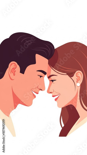 Young couple smiling and leaning foreheads together on white background, concept of valentine's day  