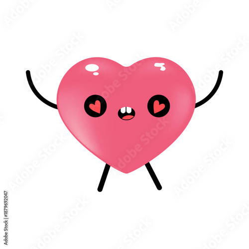 Vector cartoon heart character with love eyes. Valentines day hand drawn funny and cute heart emoji character isolated on white background. Conceptual valentines day comic funky kids sticker