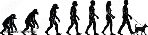 Human evolution silhouette illustration showing progression from ape to modern man and woman walking a dog, representing lifestyle development isolated on white background