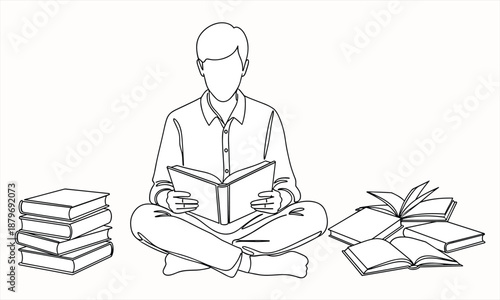 Student reading book illustration, learning concept, education study time, person sitting cross legged with books, minimal line art vector design