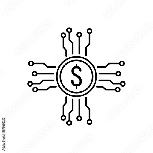 Icon a DeFi central dollar with circuit radiation, isolated against a clean background.
