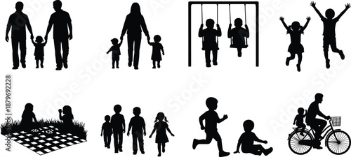 Family and children silhouette collection showing parents with kids playing, walking, swinging, running and outdoor activities isolated on white background