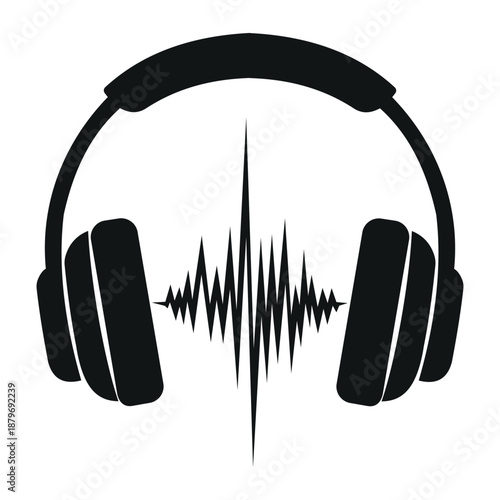 Black headphones with central sound wave illustration representing music and audio technology