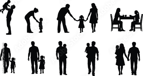 Family silhouette collection illustrating parents and children bonding moments, walking together, caring interactions, dining and everyday family life isolated on white background
