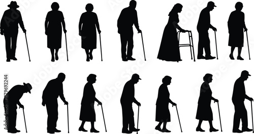 Elderly people silhouette collection showing senior men and women walking with canes and walkers in different aging poses isolated on white background