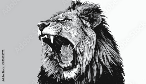 A grayscale, detailed illustration of a roaring feline, showcasing its open mouth and mane