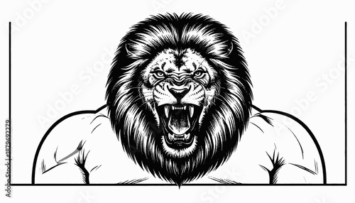 Bold black and white illustration of a snarling lion's head with a flowing mane and muscular shoulders