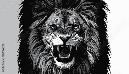 Black and white illustration of a roaring lion's head with detailed fur and open mouth