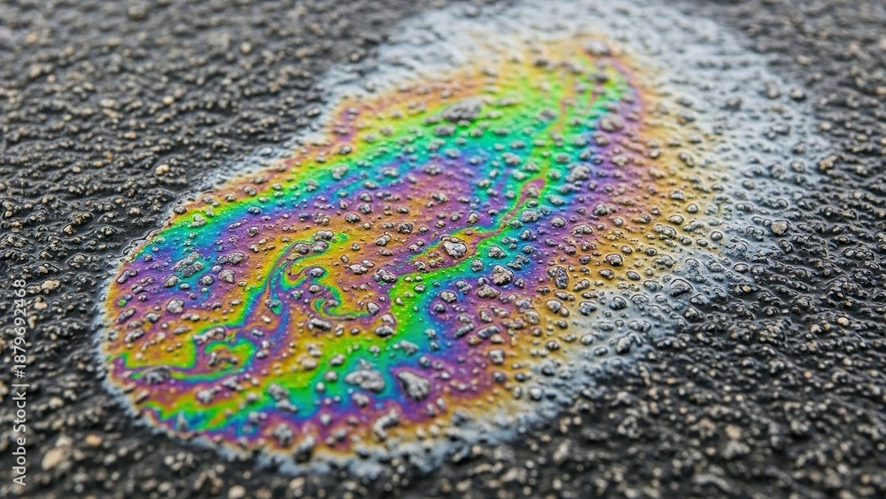 Fototapeta premium Rainbow colored gasoline oil slick stain on wet asphalt road