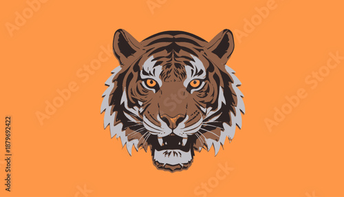 A stylized tiger's head against an orange background, roaring with stylized details