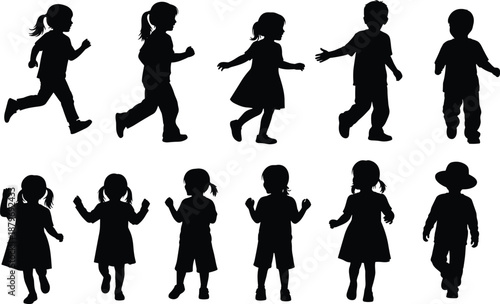 Children silhouette collection showing kids running, walking and playing in different poses expressing joyful childhood activities isolated on white background
