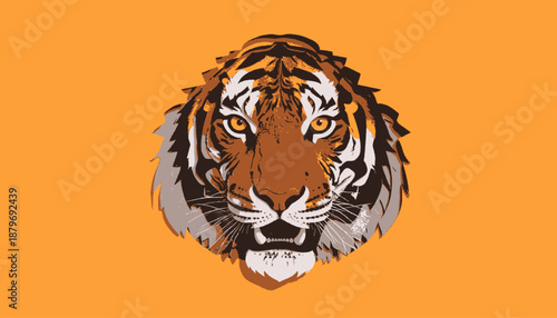 A stylized tiger head illustration featuring sharp details and geometric shapes on an orange backdrop