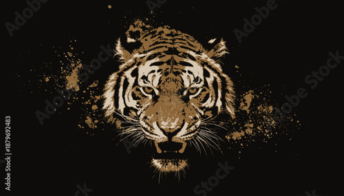 A detailed digital illustration of a tiger's head emerges from ink splashes against a black backdrop