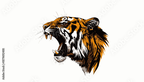 A striking vector illustration depicts a roaring tiger with detailed orange and black stripes