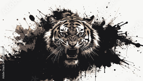 A ferocious tiger's head roars with a bold black and brown ink splash art aesthetic