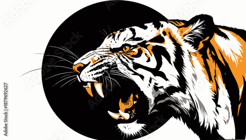 A roaring big cat's head in a graphic style, featuring orange and white stripes against black