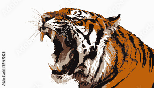 Graphic image of a roaring tiger's head against a white background, displaying open mouth