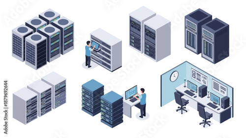 Isometric illustration of server rooms and data centers with IT professionals working on computers and servers in a modern office setting with a blue and gray color