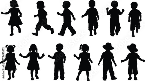 Children silhouette collection featuring kids running, walking and jumping in joyful poses, playful movement and active childhood moments isolated on white background