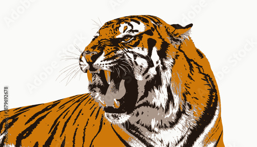 A roaring tiger shows off its teeth, a graphic image with bold orange, black, white, and tan
