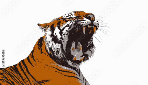 A roaring tiger illustration with bold colors, showcasing fur, open jaws, and teeth against white