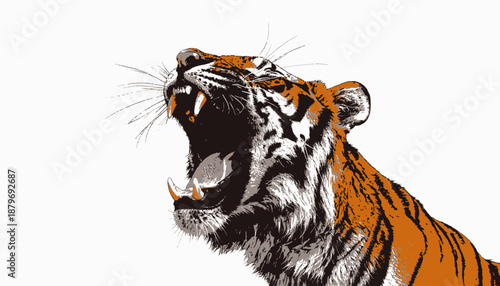 Graphic art of a roaring big cat with open mouth and exposed teeth, set against a blank white backdrop