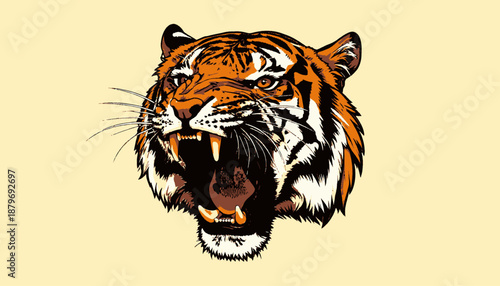 A fierce tiger head with open mouth, displaying teeth and whiskers, on a plain yellow background
