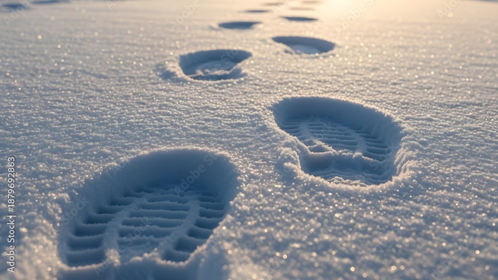 Fototapeta premium Human footprints pressed into glistening white snow, creating a clear path toward a soft, distant light, symbolizing a peaceful winter journey and future direction