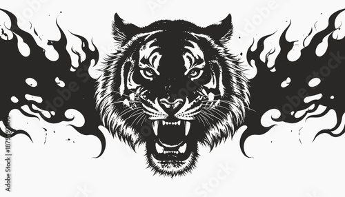 A roaring tiger face silhouetted with stylized flames in black and white against a white background