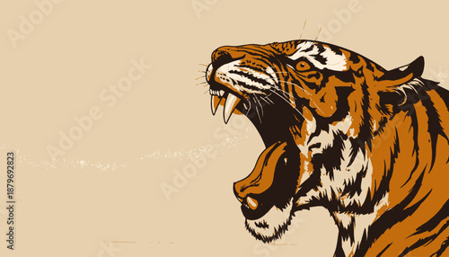 Illustration of a tiger's head in profile, roaring with visible teeth and a beige backdrop