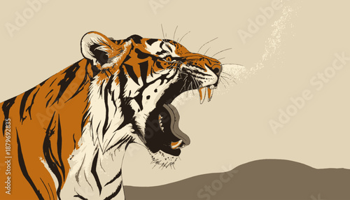 A roaring tiger in brown, orange, and white, with a stylized landscape background
