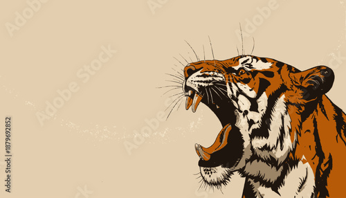 A roaring big cat, head and shoulders, with striking orange and black markings, against a beige background