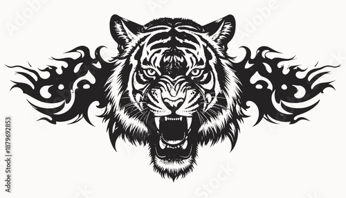 Black and white illustration of a roaring tiger's head with stylized tribal flames