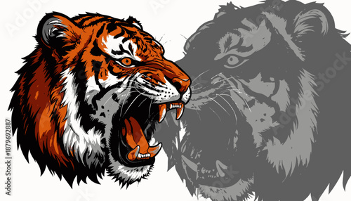 A vibrant, detailed illustration showcasing a tiger's head in an aggressive pose, along with a grey-toned shadow