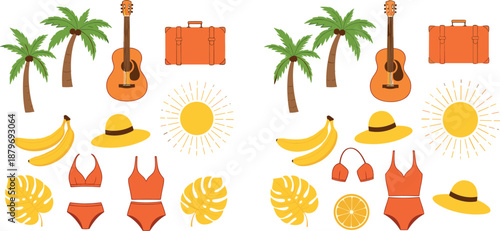 Summer vacation spot the difference puzzle, tropical holiday icon set vector illustration, editable design, isolated game activity symbols