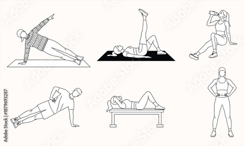Women fitness workout illustration set, home exercise routine, yoga stretching, strength training poses, healthy lifestyle, minimal line art vector