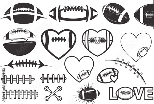 American Football Love Illustration Set with Hearts and Laces, Sports Romance Football Icon Collection Artwork for Team Designs, Apparel and Stickers