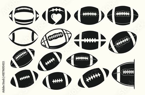American Football Ball Silhouette Illustration Set in Black, Sports Rugby Shape Icon Collection Artwork for Team Designs, Apparel, Stickers and Creative Projects