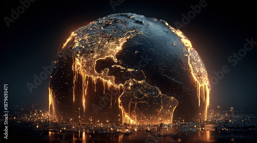 Glowing globe illustration showing melting continents and continents in a dark atmosphere