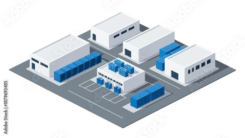 Isometric view of a modern industrial complex with white buildings and blue accents on a gray parking lot