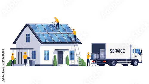 Illustration of solar panel installation service team at a house with a service truck