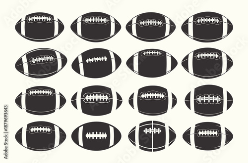 Clean American football ball icon set with multiple styles and angles. Simple solid color vector collection ideal for sports branding, apps, infographics, logos and web design use.