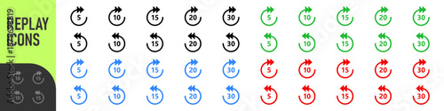 Repeat 5, 10, 15, 20, 30 seconds simple vector icon. Replay icons. Replay icon for application and web or Media player control. Replay icons set. 5, 10, 15, 20, 30 sec playback backwards