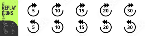 Repeat 5, 10, 15, 20, 30 seconds simple vector icon. Replay icons. Replay icon for application and web or Media player control. Replay icons set. 5, 10, 15, 20, 30 sec playback backwards