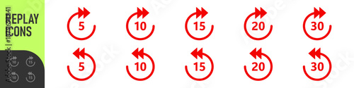 Repeat 5, 10, 15, 20, 30 seconds simple vector icon. Replay icons. Replay icon for application and web or Media player control. Replay icons set. 5, 10, 15, 20, 30 sec playback backwards